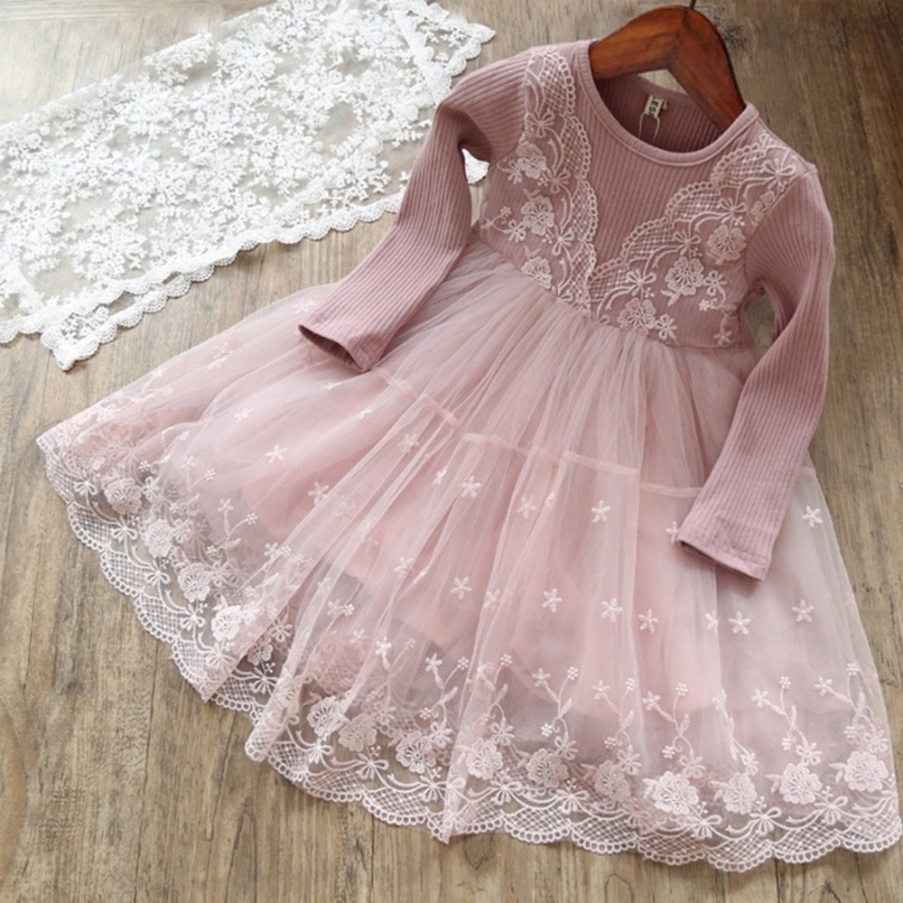Girls Pink Flower Lace Knitted Tulle Tutu Dress